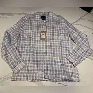 NWT Stitch Note European Linen white purple plaid button down mens Small